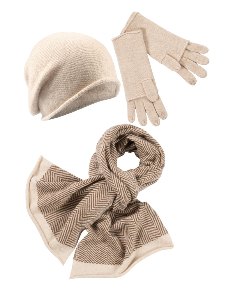 Online Verkaufen Kaschmir-Beanie, Handschuh + Schal mit Fischgr&#228;t-Muster - Beige meliert m&#252;tze shop